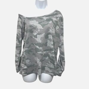 Boston Proper‎ Womens So Soft Camo Off Shoulder Top S Gray Green Edgy Y2K Grunge